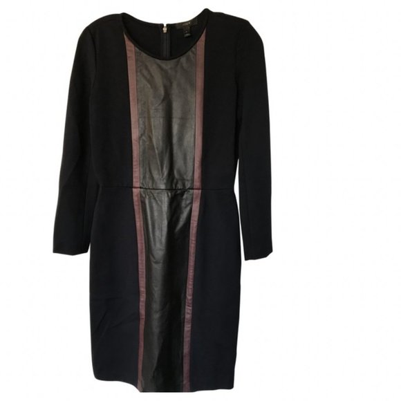 J.Crew Navy Leather Paneled Longsleeve Shift Work/Office Dress - Picture 1 of 4